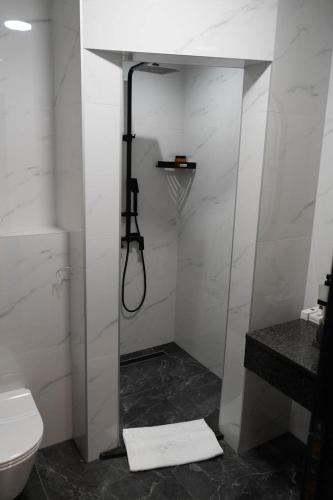 a bathroom with a shower with a toilet and a sink at Spa&Hotel Studenac in Trebinje