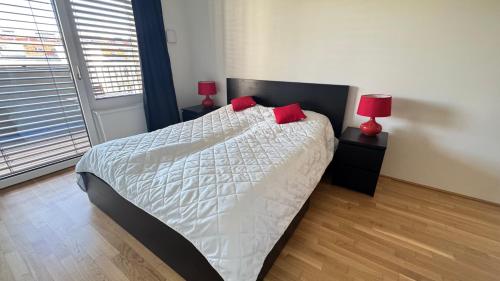a bedroom with a bed with two red pillows on it at Your temporary home in Vienna in Vienna