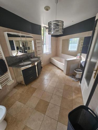 a bathroom with a tub and a sink and a toilet at Le Pigeonnier in Venoy