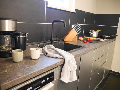 a kitchen with a sink and a counter top at Gemütliche 95qm Wohnung mit eigenem Garten in Kottenheim