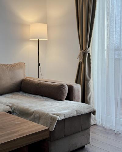 a couch sitting in a living room next to a window at Ramondia, Kopaonik in Kopaonik
