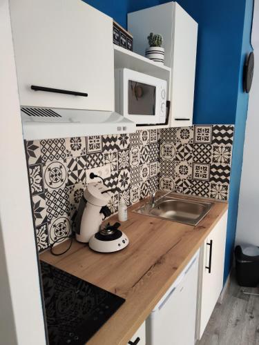 una piccola cucina con lavello e forno a microonde di Studio plein centre a Cauterets