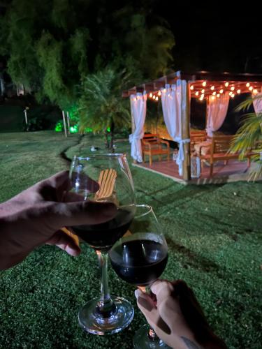 two people holding glasses of wine in front of a house at Fazenda Montanhes in Visconde De Maua