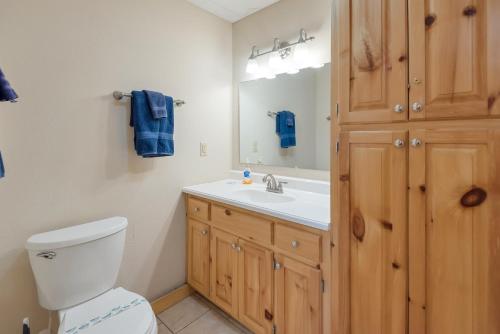 a bathroom with a toilet and a sink and a mirror at Lazy Dog Log Cabin, Hot Tub, Fishing Lake, New River Access, Foosball in Wagoner