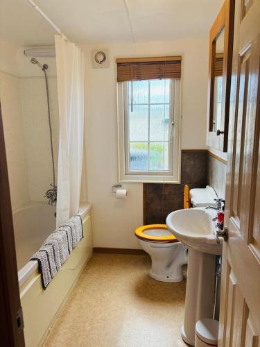 a bathroom with a white toilet and a sink at The Lodge in Newport