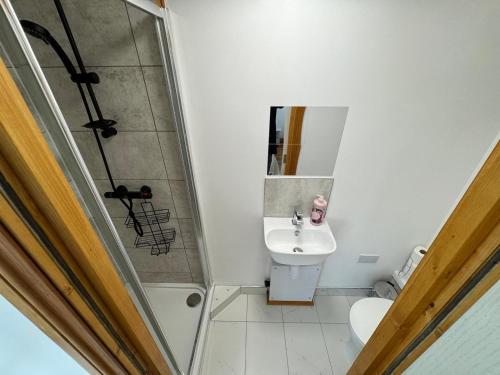 a small bathroom with a shower and a sink at Willow Tree Retreat Airport Friendly 3BR House, with Garden & Office in Northolt