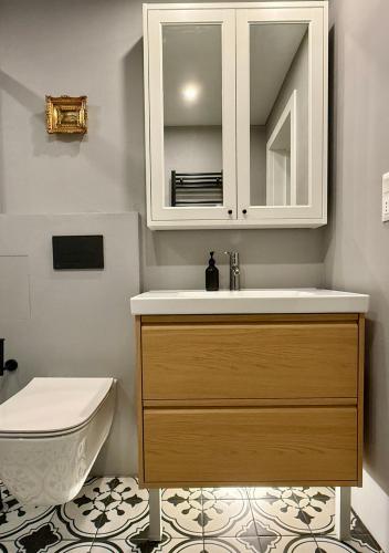 a bathroom with a sink and a toilet at Next to the Ski Lift Downtown Bansko in Bansko