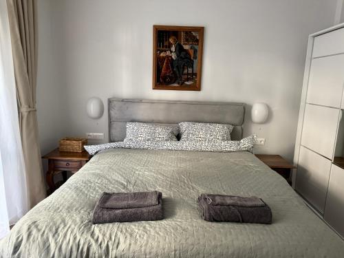 a bedroom with a bed with two towels on it at Next to the Ski Lift Downtown Bansko in Bansko