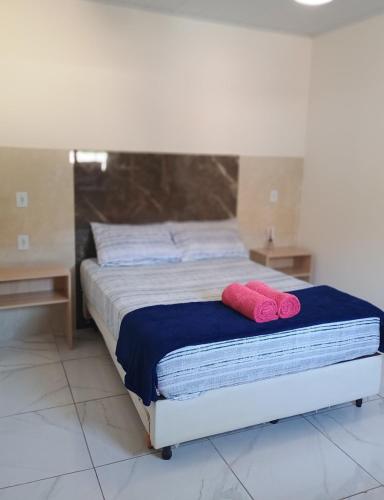 a bed with two pink towels on top of it at Espaço familiar 3 in Vila Velha