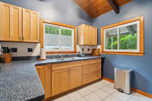 a kitchen with a sink and two windows at Mittenwald Lodge in Goodrich Falls