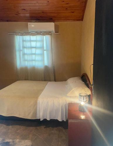 a bedroom with a white bed with a window at Alojamiento Paraiso del Parana in Carmen del Paraná