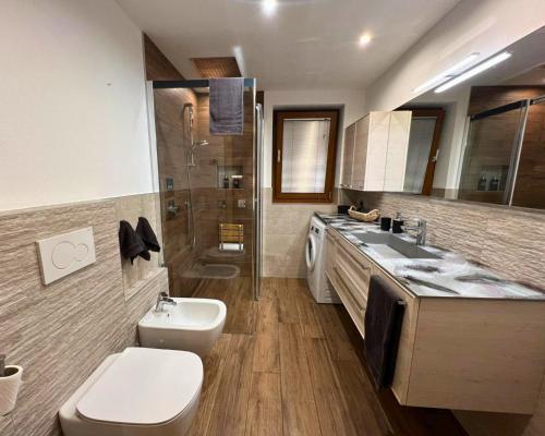 a bathroom with a sink and a toilet and a shower at Appartamento Serenella in Valdidentro