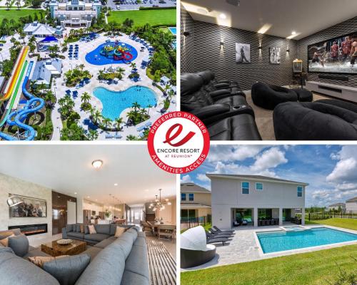 a collage of photos with a pool and a resort at Gorgeous Home With Private Pool, Themed Rooms Near Disney With Waterpark & Resort Access At Encore Resort - 7687Ff in Kissimmee