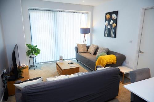 a living room with a couch and a table at Cosy Two bedroom Apartment in Manchester in Manchester