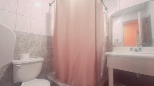 a bathroom with a toilet and a sink and a shower at Hotel Luis cordero centro historico cuenca in Cuenca