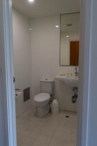 a bathroom with a toilet and a sink and a mirror at Cosmopolitan Hotel and Apartments in Melbourne