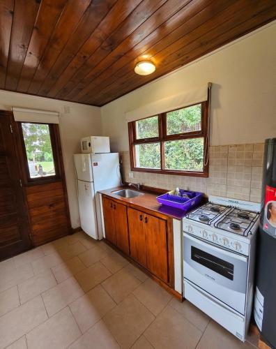 a kitchen with a white stove and a refrigerator at KEIKI Complejo Cabañas in La Porteña