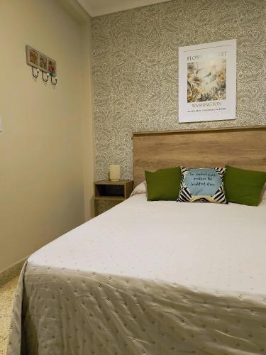 ein Schlafzimmer mit einem großen weißen Bett mit grünen Kissen in der Unterkunft MONOAMBIENTE VINTAGE in Mar del Plata