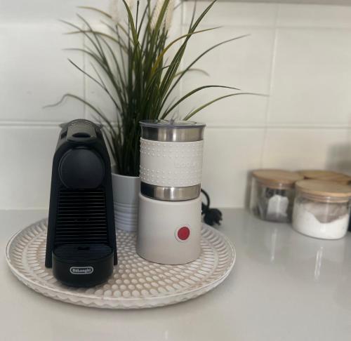 a blender sitting on a counter next to a plant at Sunny boutique apartment in Sydney