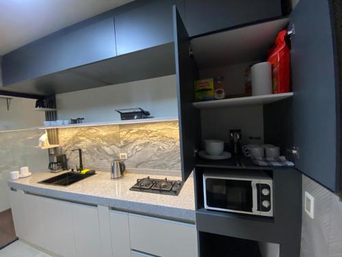 una cucina con lavello e microonde di Depto 3D en el Corazón de Sopocachi a La Paz