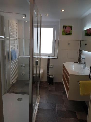 a bathroom with a shower and a sink and a toilet at Hotel Garni Fuhrhop in Bad Karlshafen