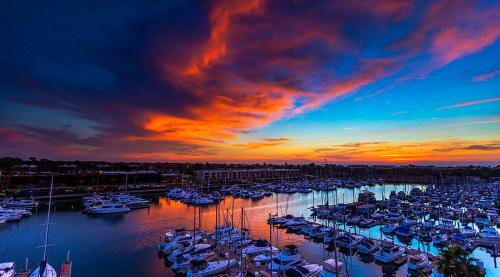 a group of boats docked in a marina at sunset at The Palomino - AMAZING Chic-Luxe, Private, Guest House - Pool, Sauna, Free Parking in Los Angeles