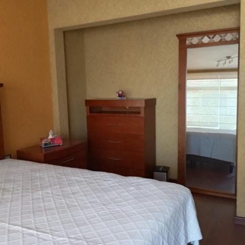 a bedroom with a bed and a dresser and a mirror at Casa Cielo Lindavista in Tulancingo
