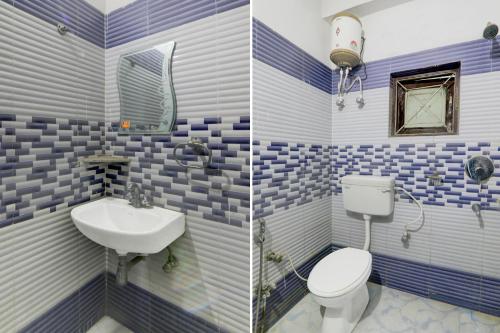 two pictures of a bathroom with a toilet and a sink at Hotel O Raj in Dānāpur