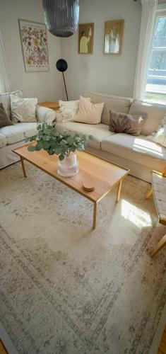 a living room with a couch and a coffee table at Design House With Garden In The Heart Of Småland in Gullabo
