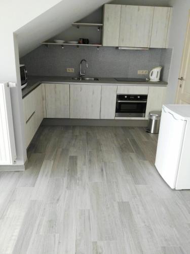 フールネにあるGuesthouse SiSaの白いキャビネットと木製の床を備えたキッチン