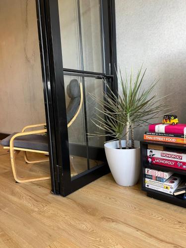a plant sitting next to a glass door with books at Luxurious 2 Bed 2 Bath Woolstore apartment in Kingston