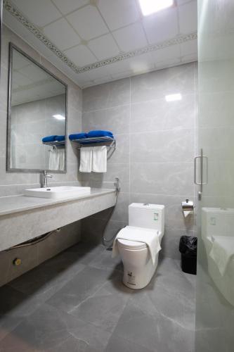 a bathroom with a toilet and a sink and a mirror at W Golf Resort in Oslob