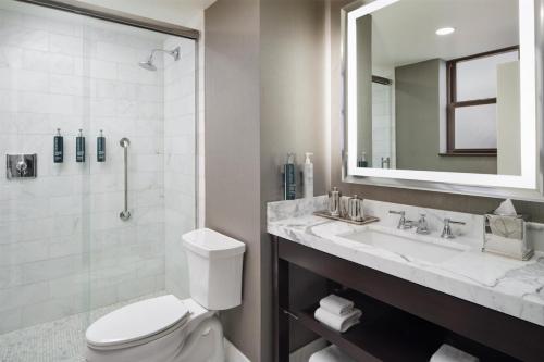 a bathroom with a toilet and a sink and a mirror at Hilton Chicago in Chicago