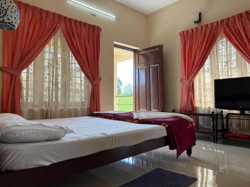 a bedroom with a bed with red curtains and a television at Biglaand Dew Castle in Pīrmed