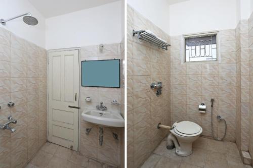 two pictures of a bathroom with a toilet and a sink at Hotel O Vijay Palace in Bhopal
