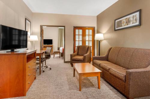 a living room with a couch and a tv at Comfort Suites North Dallas in Dallas