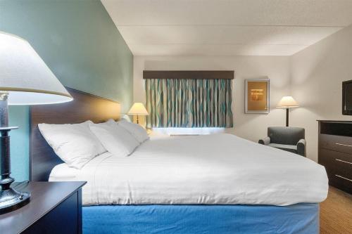 a hotel room with a large white bed and a chair at AmericInn by Wyndham Green Bay East in Green Bay