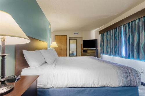 a hotel room with a white bed and a large window at AmericInn by Wyndham Green Bay East in Green Bay