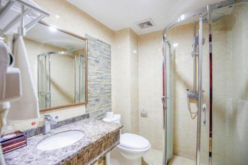 une salle de bain avec une douche, des toilettes et un lavabo dans l'établissement yiantaisheng hotel co ltd, à Wangsiying