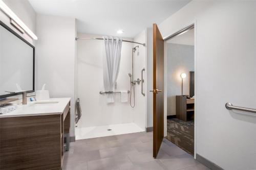 a bathroom with a shower and a sink at Home2 Suites by Hilton Irving/DFW Airport North in Irving