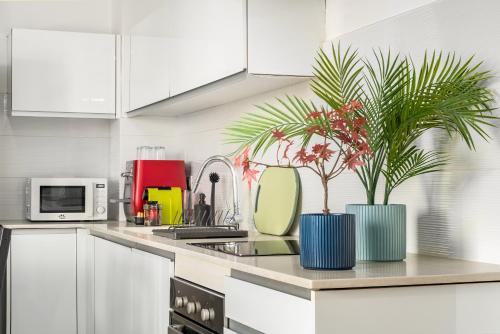 a kitchen with two plants on a counter at Boutique Duplex 3BR Florentin in Mashabbe Sade