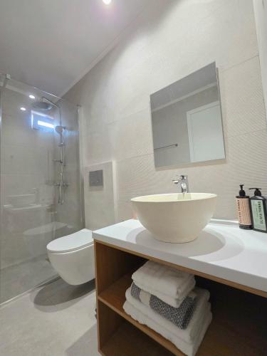 a bathroom with a sink and a shower and a toilet at aelia beach living II in Kardamaina