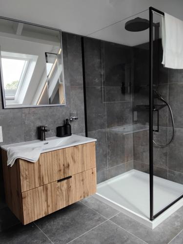 a bathroom with a sink and a shower at Neue Welt Ferienwohnung 1 in Osteel