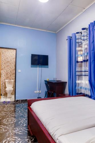 a bedroom with blue walls and a bed and a sink at CAMERHOME "Premium" in Douala