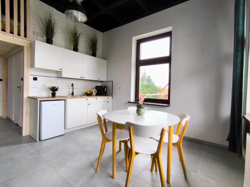 a kitchen with a white table and chairs at Apartament Antresola in Ostróda