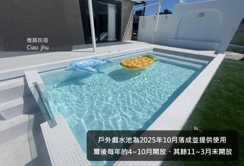 a pool with a toy dolphin and a bowl of food at 樵築包棟泳池民宿 唱歌電動麻將烤肉 2025年6月全新裝潢 in Yuanshan