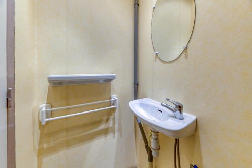 a bathroom with a sink and a mirror at Logis Belledonne in Arvillard