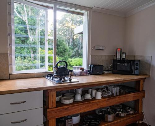 Una cocina con encimera con microondas y ventana. en Natures Way Bushbuck Cottage, en The Crags