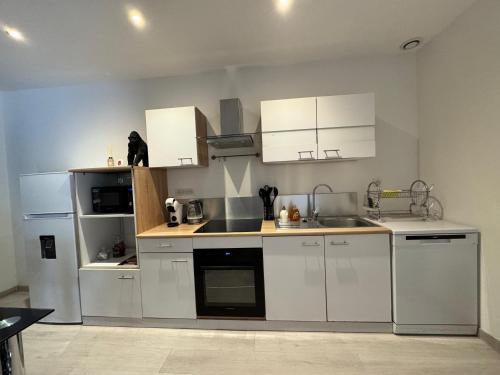 a kitchen with white cabinets and a sink at Appartement cosy Nancy Bonsecours in Jarville-la-Malgrange