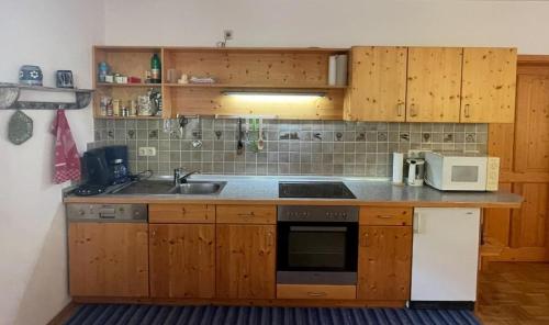 a kitchen with wooden cabinets and a sink and a microwave at Balsnhof in Chamerau
